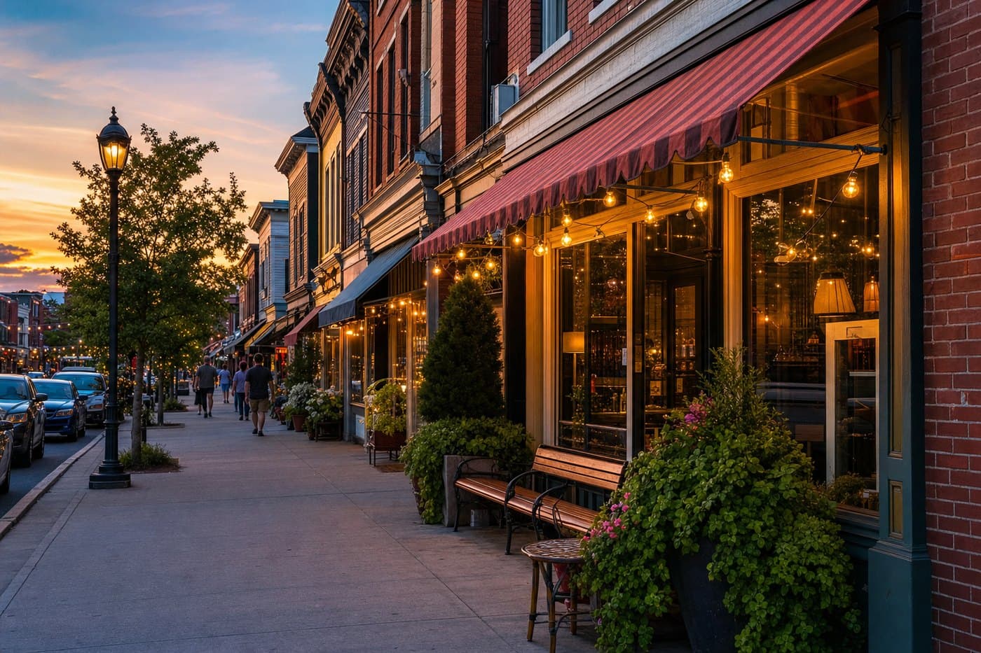 A New York main street of local storefronts at golden hour