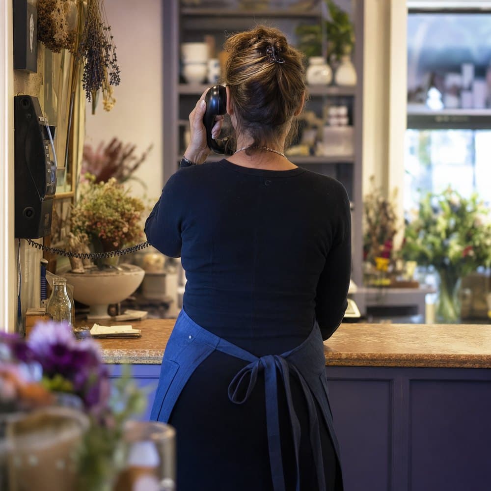A shop owner answering the phone behind her own counter